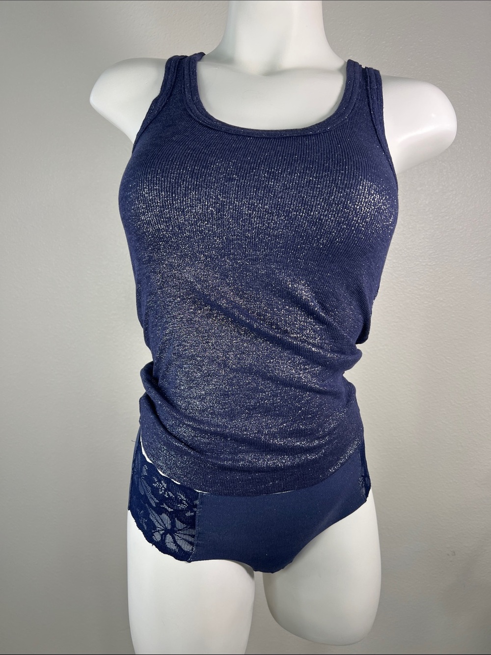aerie Navy Ribbed Tank SMALL with Lace Accent Cheekster (XS) Set